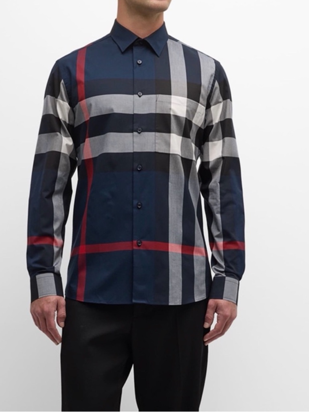 Burberry Navy, Gray & Red Plaid Cotton Dress Shirt